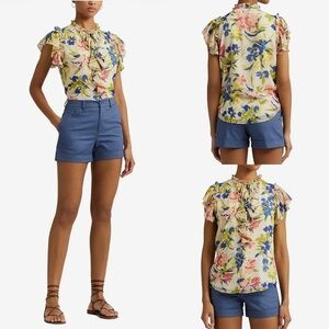 Laurel Ralph Lauren Floral Ruffle-Trim Georgette Blouse size XL Black Label